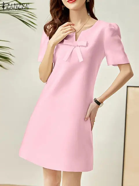 V-Neck Bow Detail Short Puff Sleeve Shift Mini Dress - View 9
