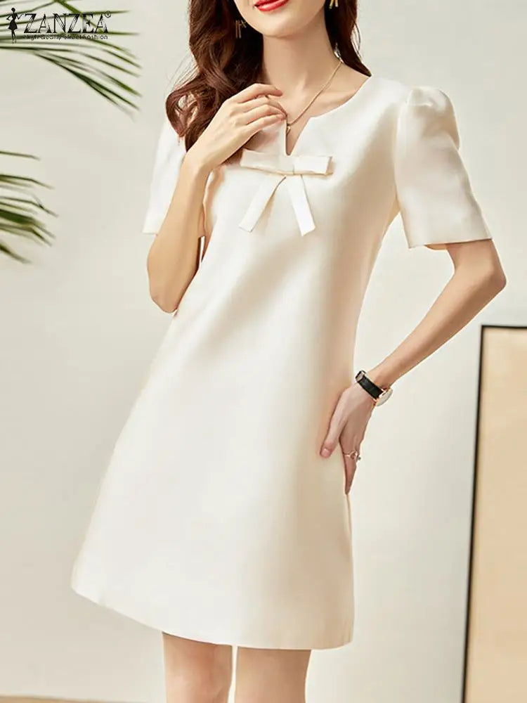 V-Neck Bow Detail Short Puff Sleeve Shift Mini Dress - View 5