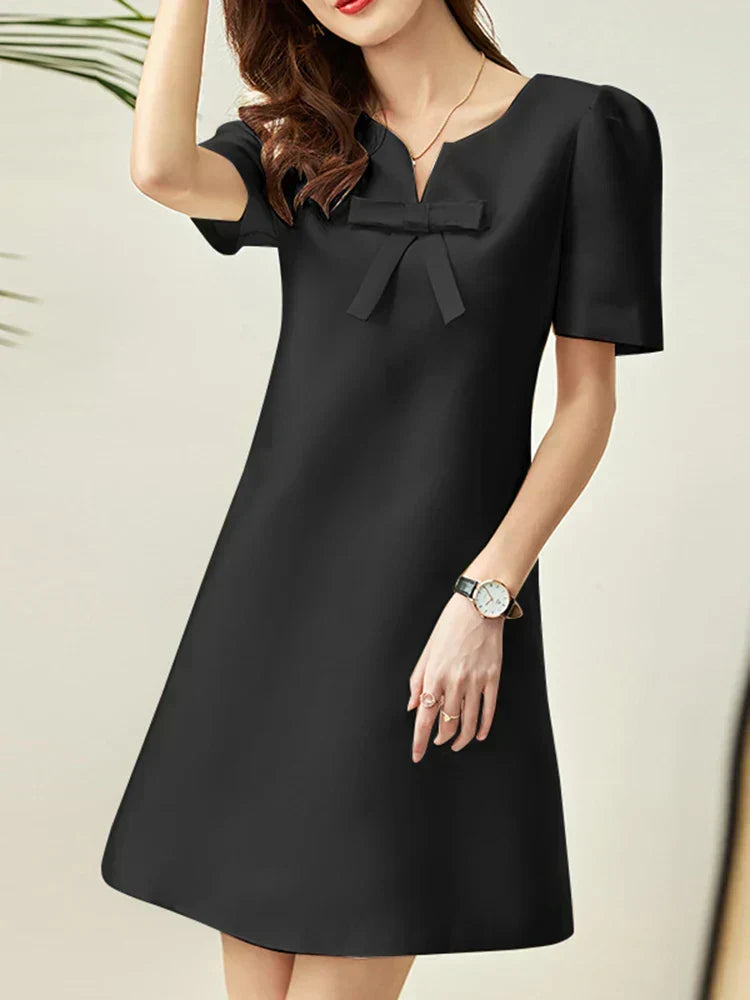 V-Neck Bow Detail Short Puff Sleeve Shift Mini Dress - View 3