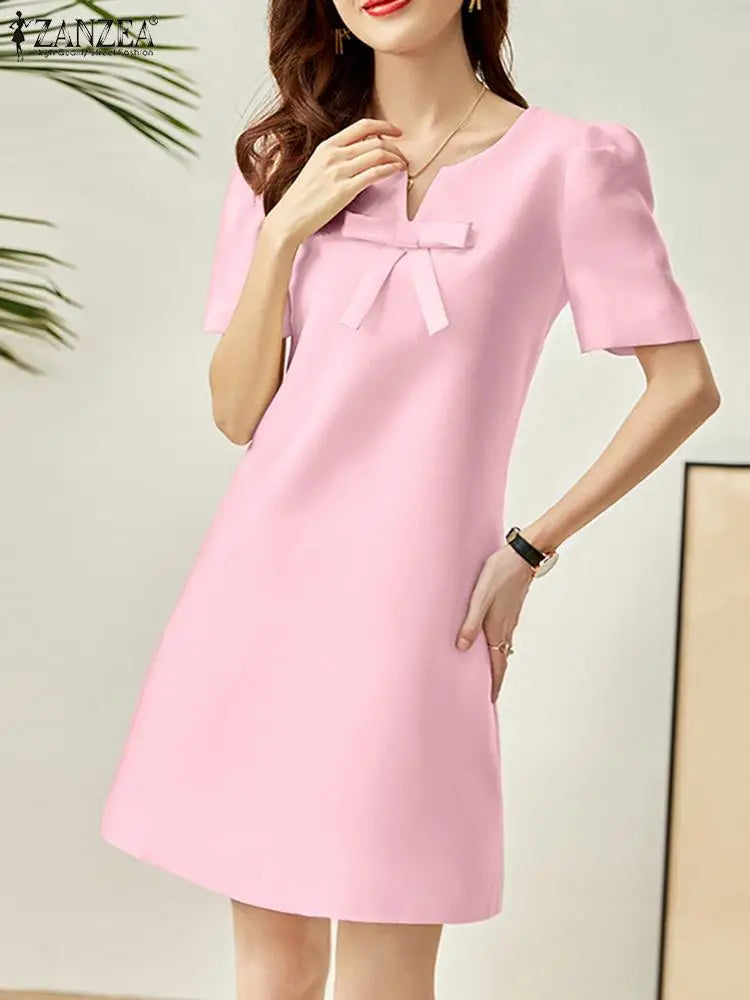 V-Neck Bow Detail Short Puff Sleeve Shift Mini Dress - View 4
