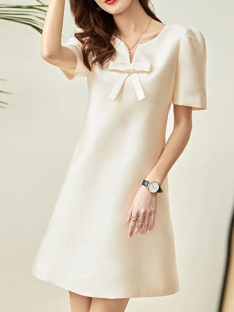 V-Neck Bow Detail Short Puff Sleeve Shift Mini Dress - View 2