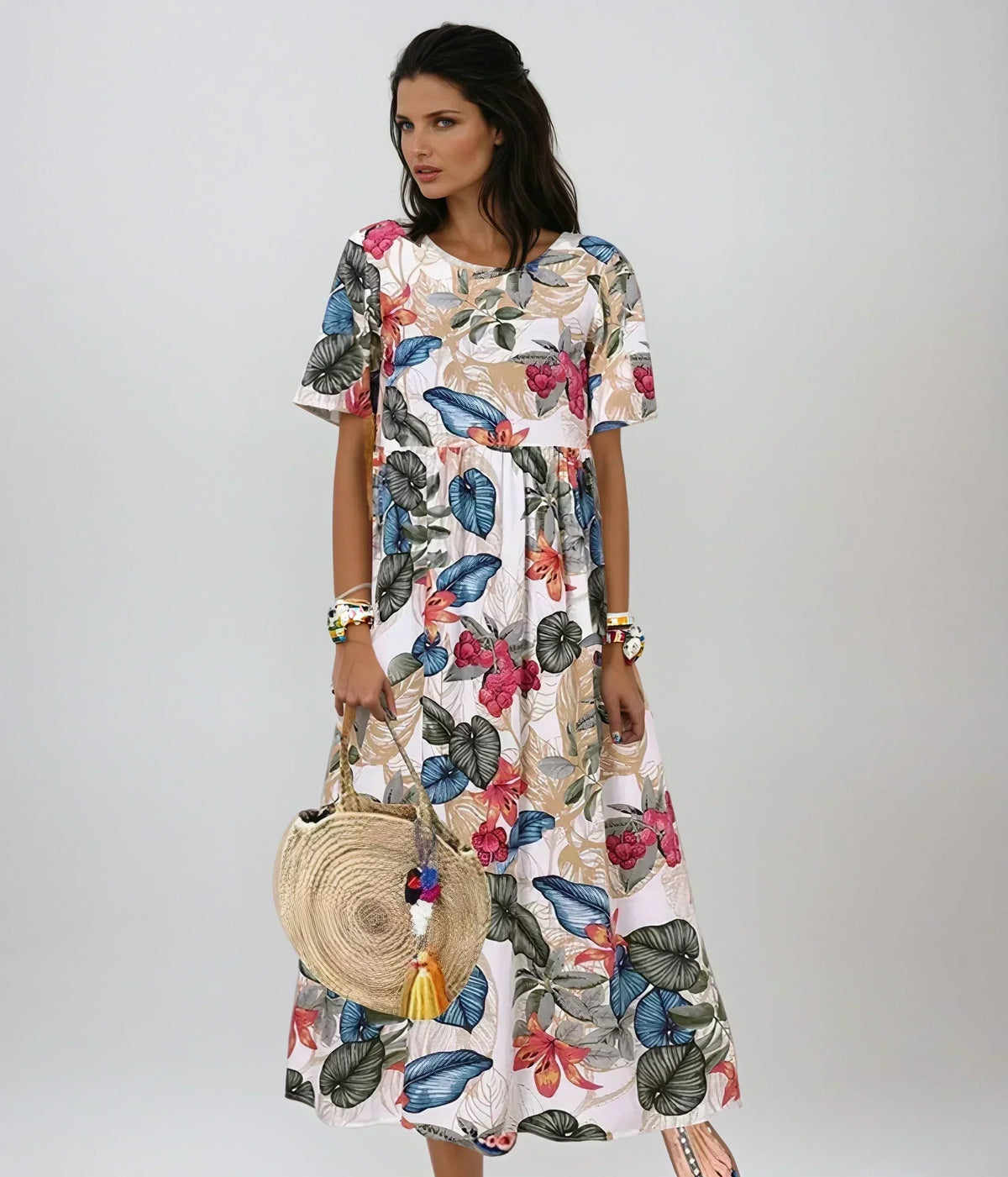 Tropical Floral Round Neck Short Sleeve Maxi Dress 3