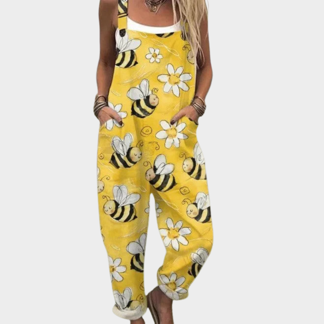 Bee and Daisy Print Sleeveless Pocket Overall Jumpsuit