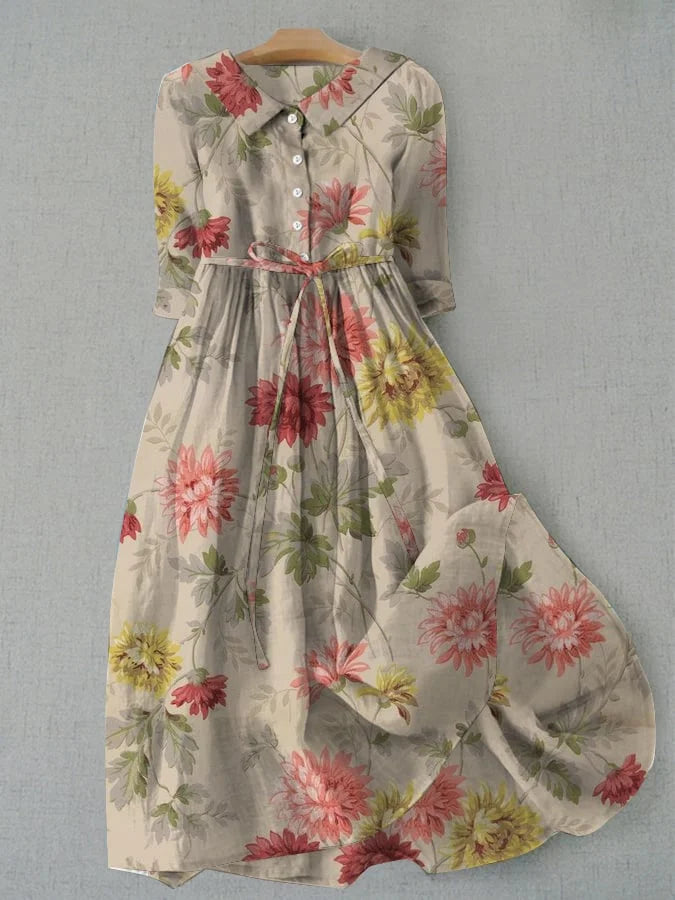 Floral Collared Half Sleeve Tie Waist Pleated Midi Dress