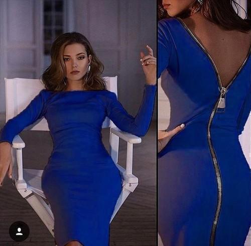 Long Sleeve Bodycon Exposed Back Zip Slit Midi Cocktail Dress - View 2