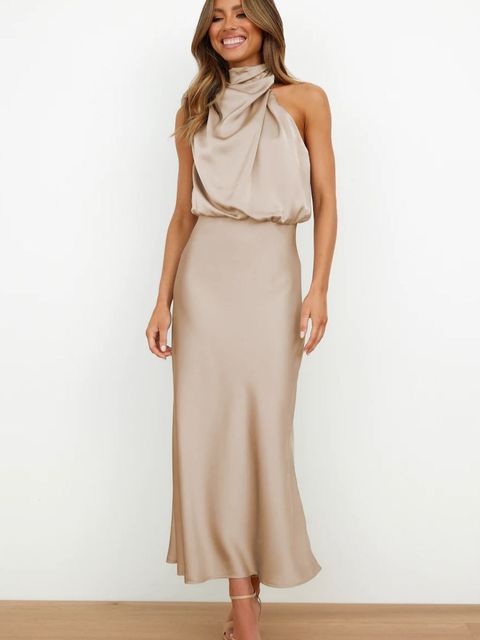 Satin High Neck Halter Blouson Bodice Bias Cut Midi Cocktail Dress - View 3