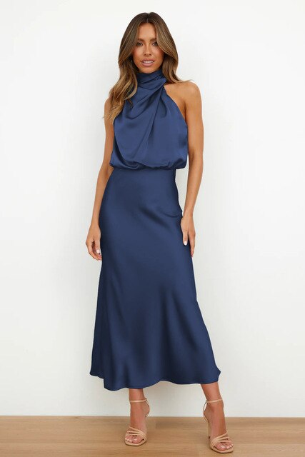 Satin High Neck Sleeveless Ruched Blouson Midi Cocktail Dress - View 5