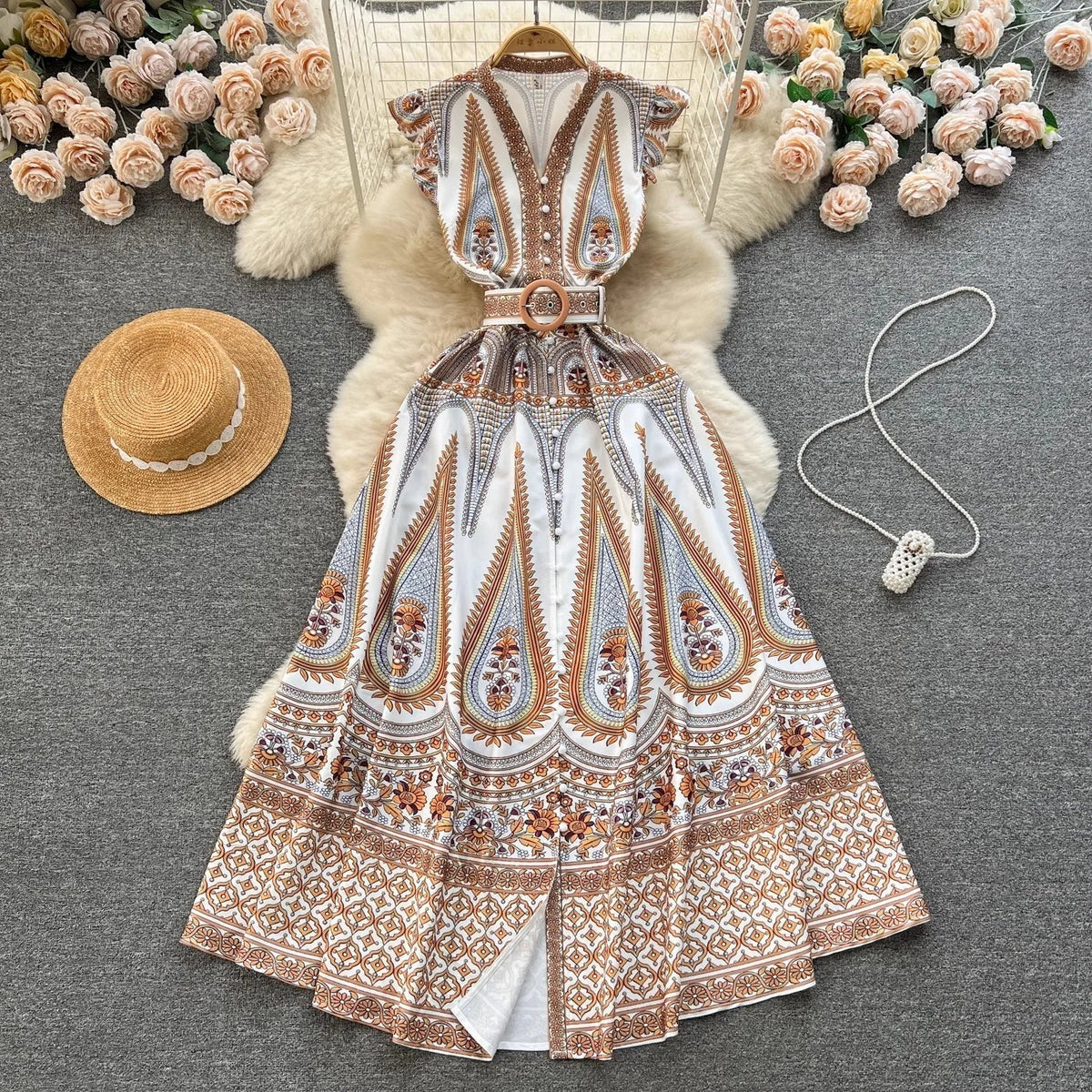 Bohemian Print Deep V-Neck Flutter Shoulder Maxi Dress