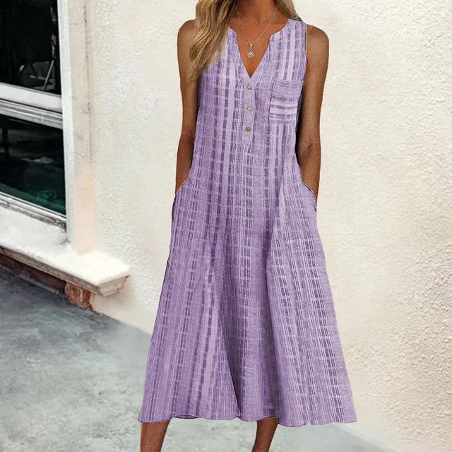 Vertical Stripe Print Sleeveless V-Neck A-Line Midi Dress - View 7