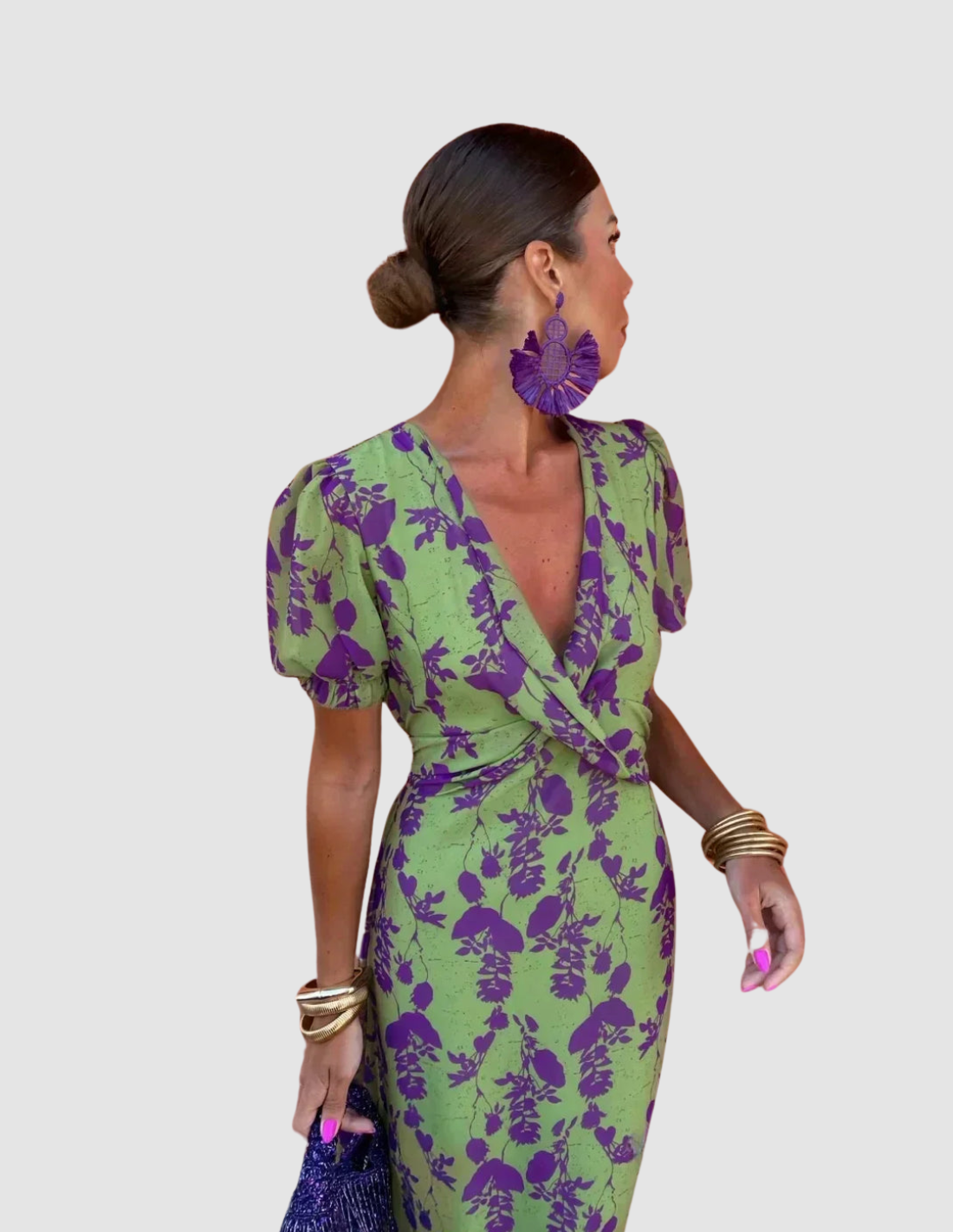 Floral Print Puff Sleeve Wrap Midi Dress