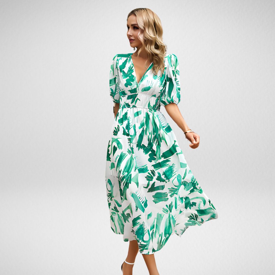 Puff Sleeve Deep V-Neck Smocked Waist A-Line Midi Dress - View 4