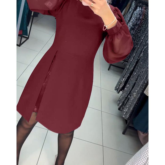 Sheer Lantern Sleeve Crew Neck Wrap Slit Mini Dress - View 6