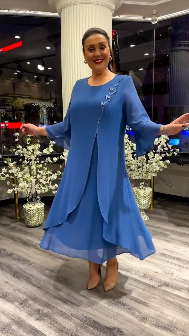 Chiffon Floral Applique Bell Sleeve A-Line Midi Dress - View 2