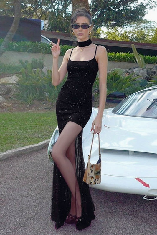 Sequin Spaghetti Strap Scoop Neck High Split Slip Maxi Dress