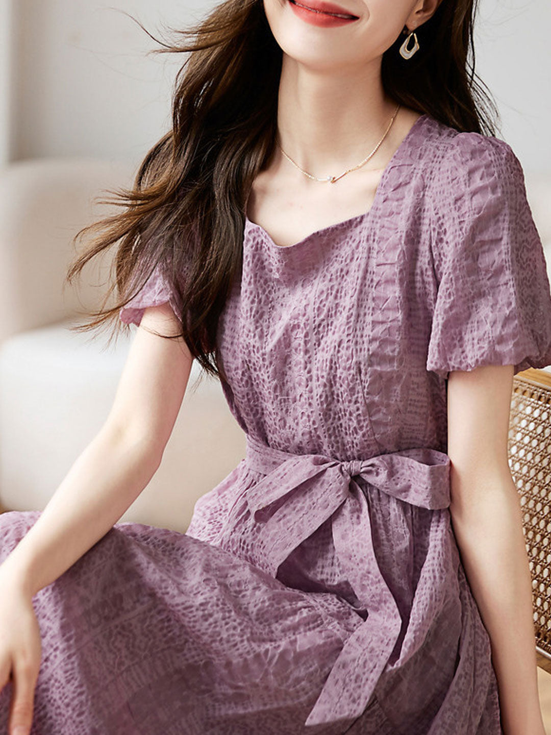 Square Neck Short Sleeve Tie Belt Tiered A-Line Midi Dress - View 2
