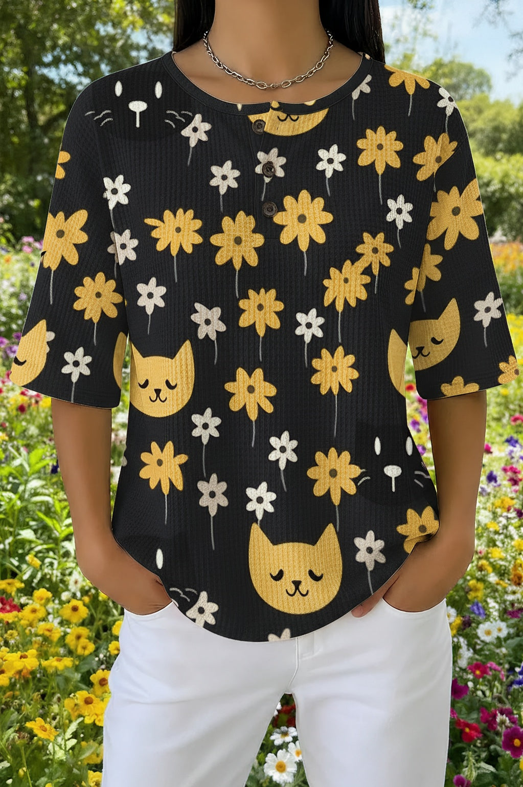 Cartoon Cat and Daisy Print Button Waffle Knit Top