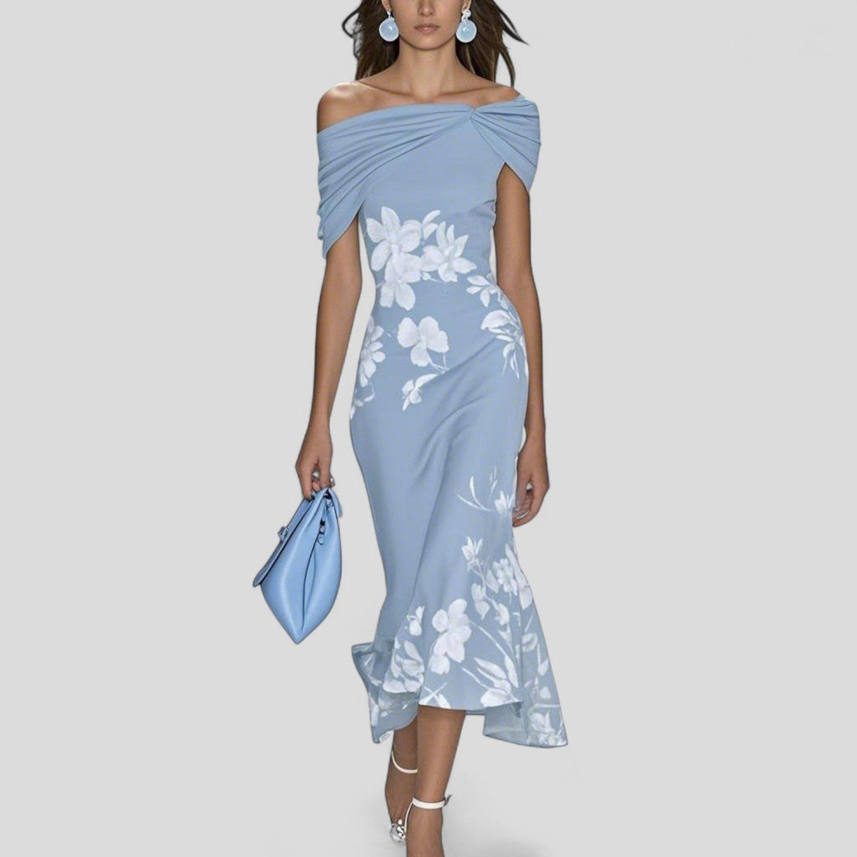 Floral Print Off Shoulder Ruched Fishtail Midi Dress 5
