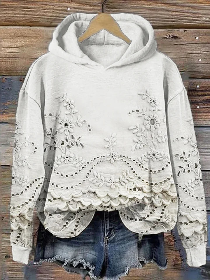 Eyelet Lace Floral Scalloped Hem Long Sleeve Hoodie 5