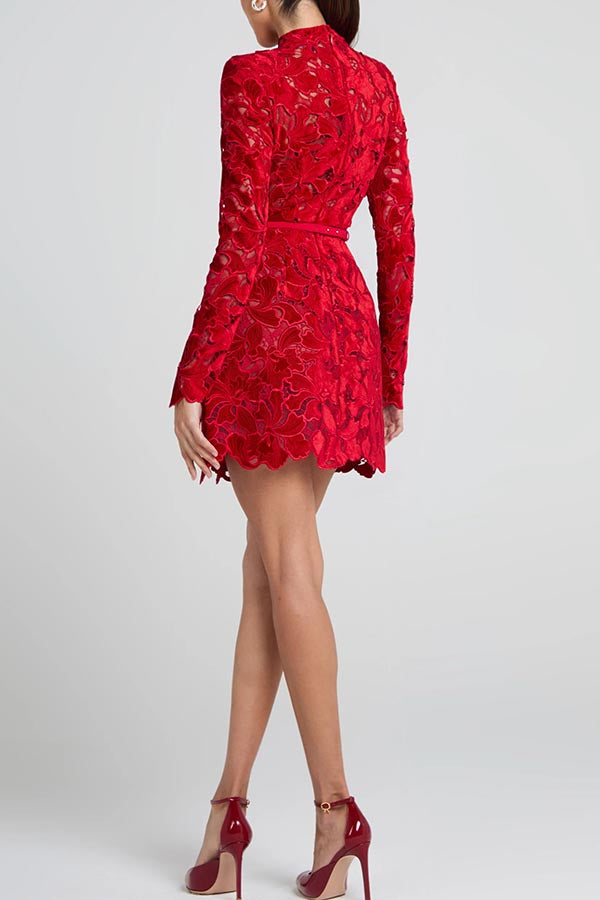 Floral Lace High Neck Long Sleeve Belted Mini Dress - View 10