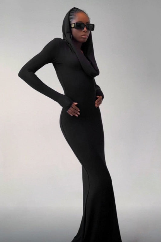Cowl Neck Hooded Long Sleeve Bodycon Maxi Dress - View 5