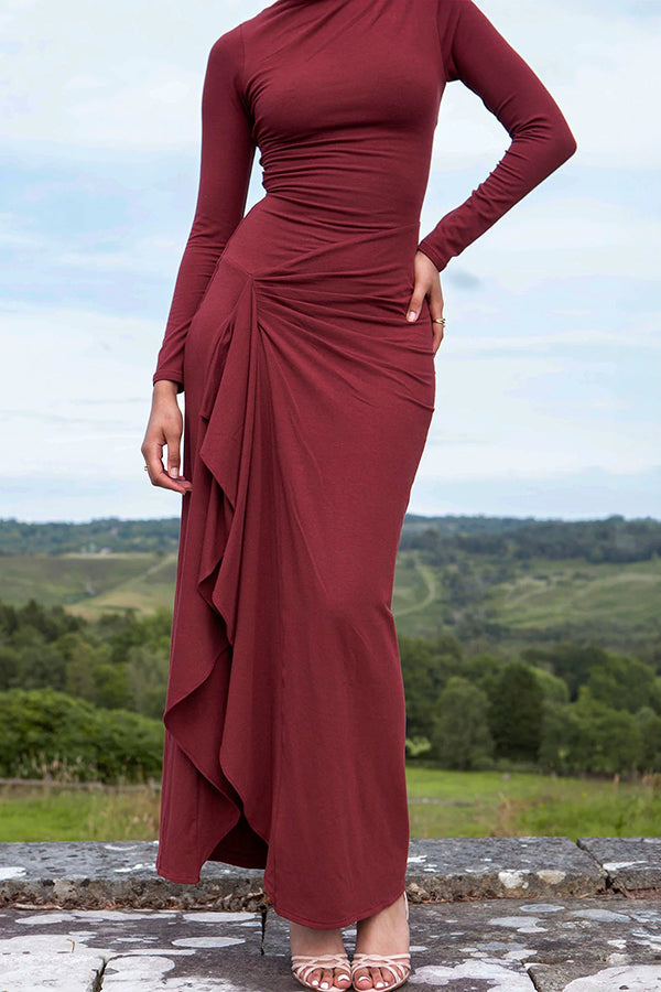 Venus Long Sleeve Ruched Side Slit Drape Ruffles Back Maxi Dress - View 5
