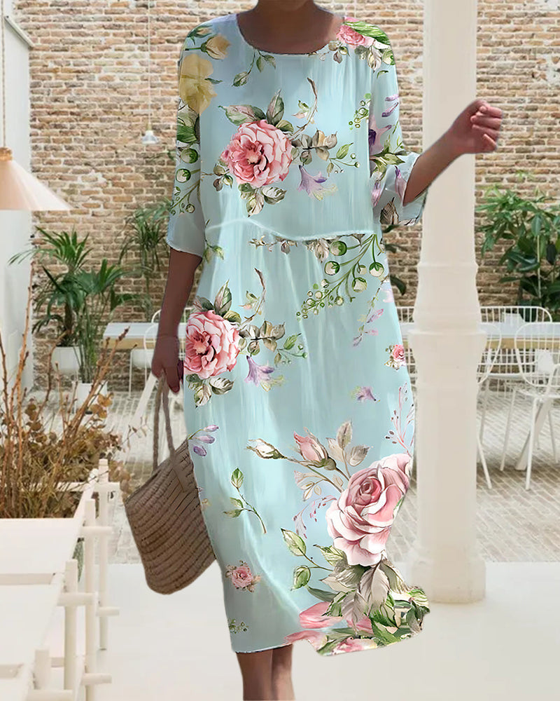 Floral Print Round Neck Three Quarter Sleeve Loose Shift Maxi Dress - View 3