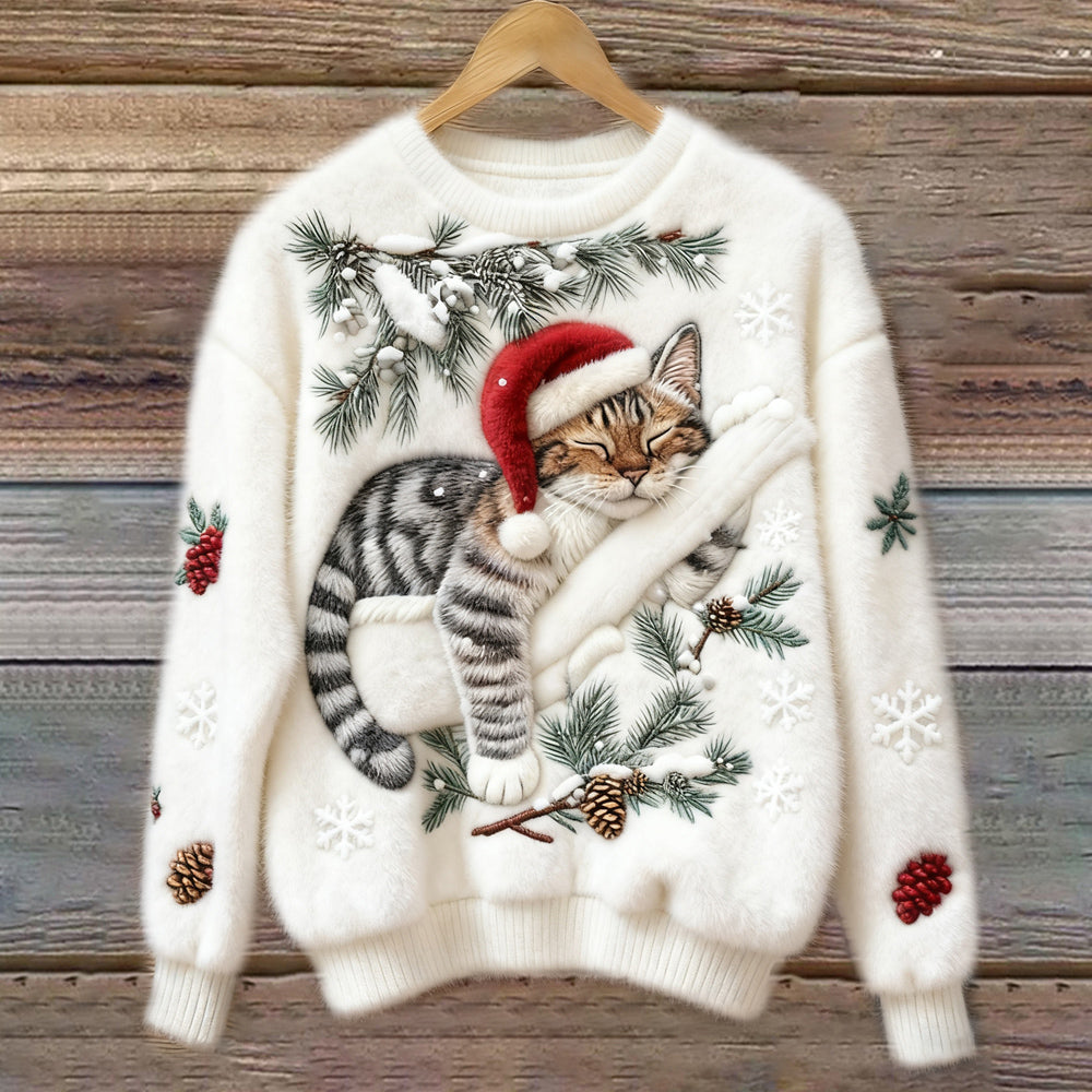 Crew Neck Christmas Cat Print Fuzzy Knit Sweater 2