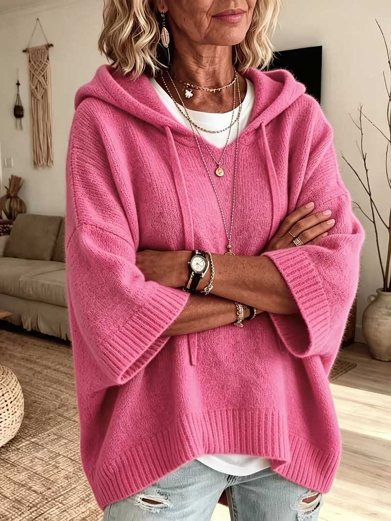Hooded Drawstring Oversized Knit Poncho Sweater 3