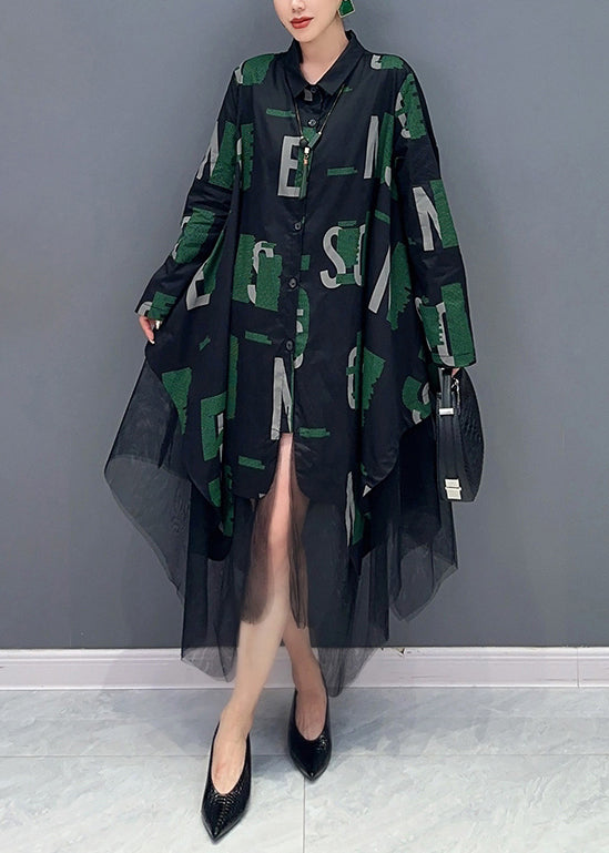 Letter Print Collared Button Down Long Sleeve Tulle Shirt Dress