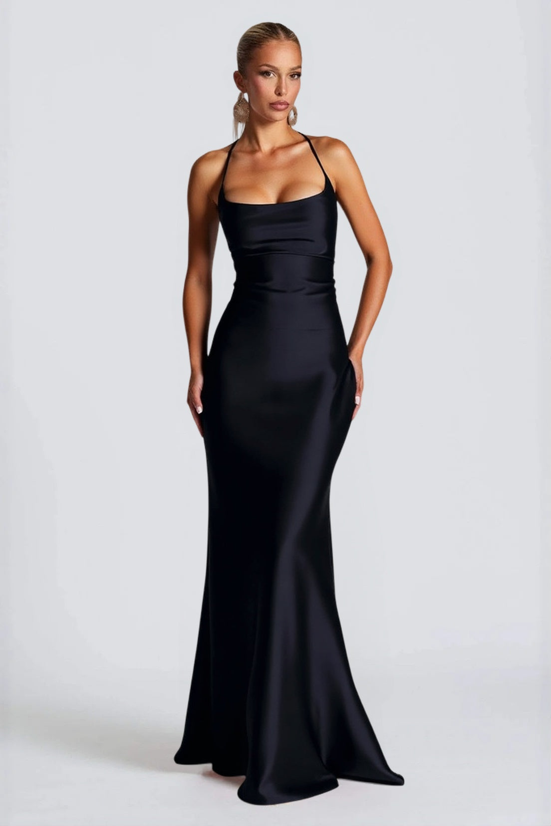 Belted Backless  Maxi Silk Dress in Black - View 2