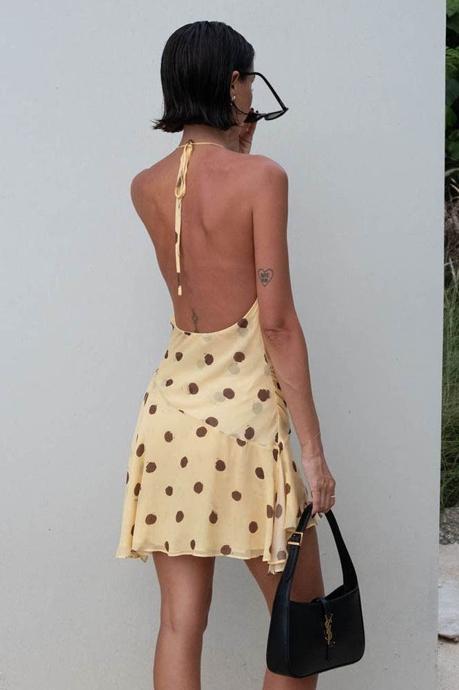 Polka Dot Chiffon Halter Deep V-Neck Ruffle Hem Mini Dress - View 3