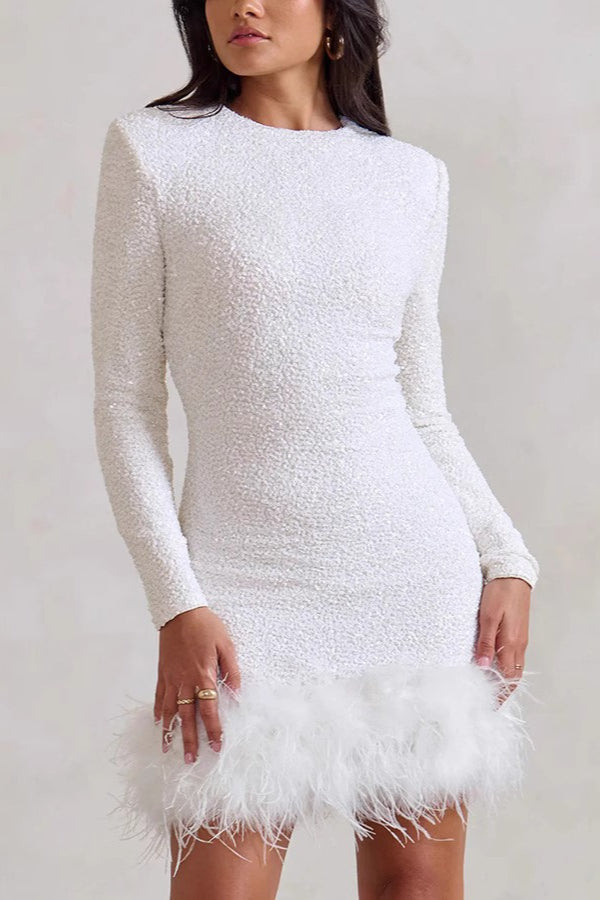 Sequin Crew Neck Long Sleeve Feather Trim Bodycon Mini Dress - View 3