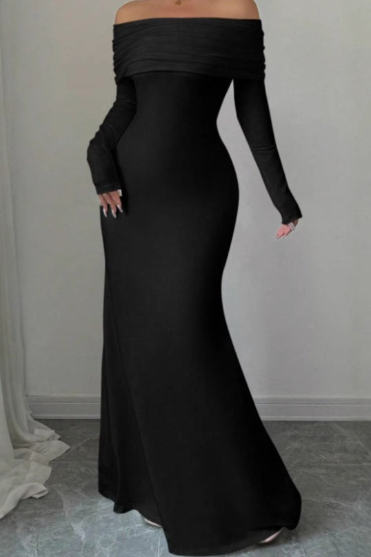 Off Shoulder Long Sleeve Ruched Mermaid Maxi Dress - View 7