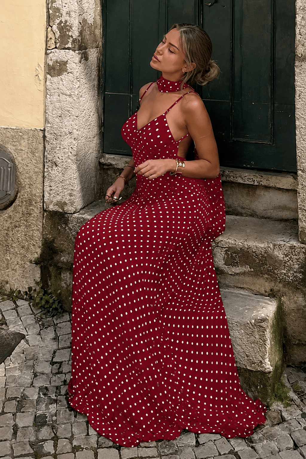 Polka Dot Spaghetti Strap V-Neck Scarf Bias Maxi Dress 6