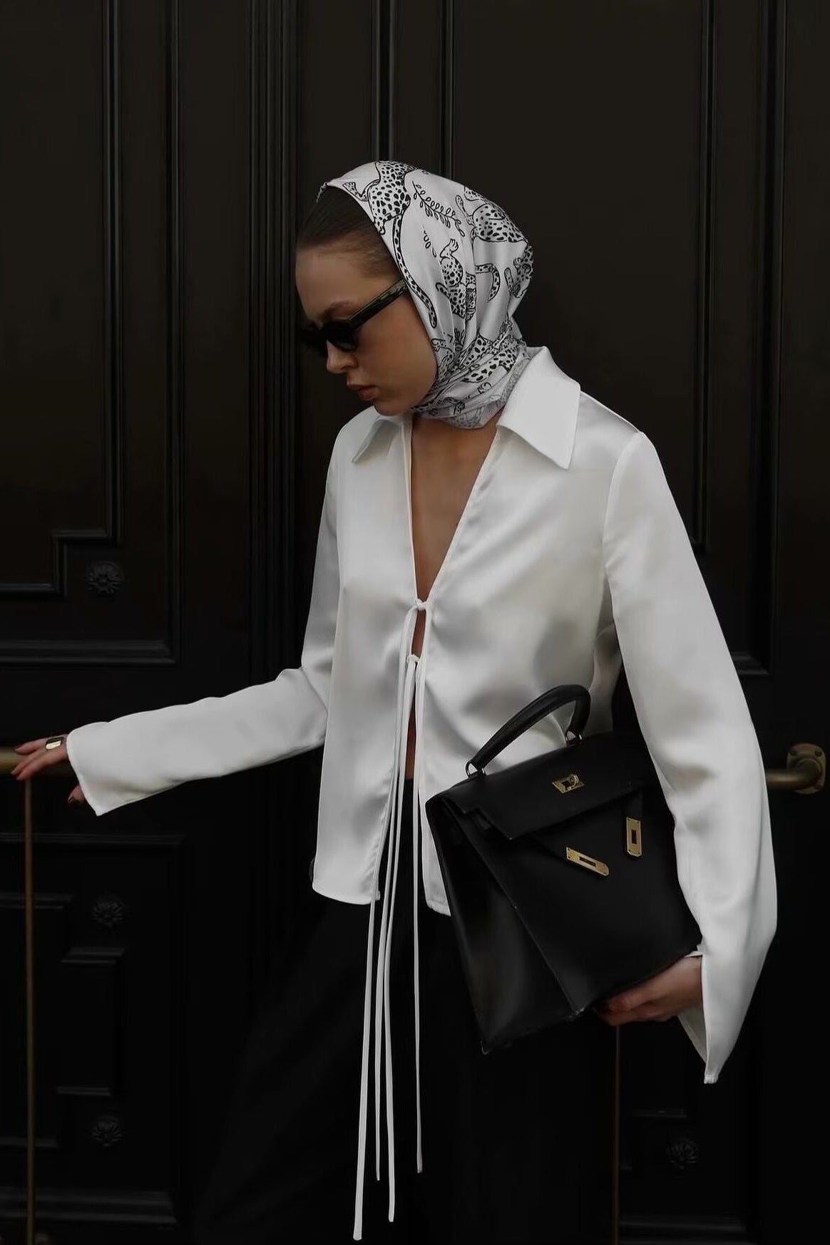 Acetate Satin Bow Tie V Neck Minimalist Long Sleeve Blouse