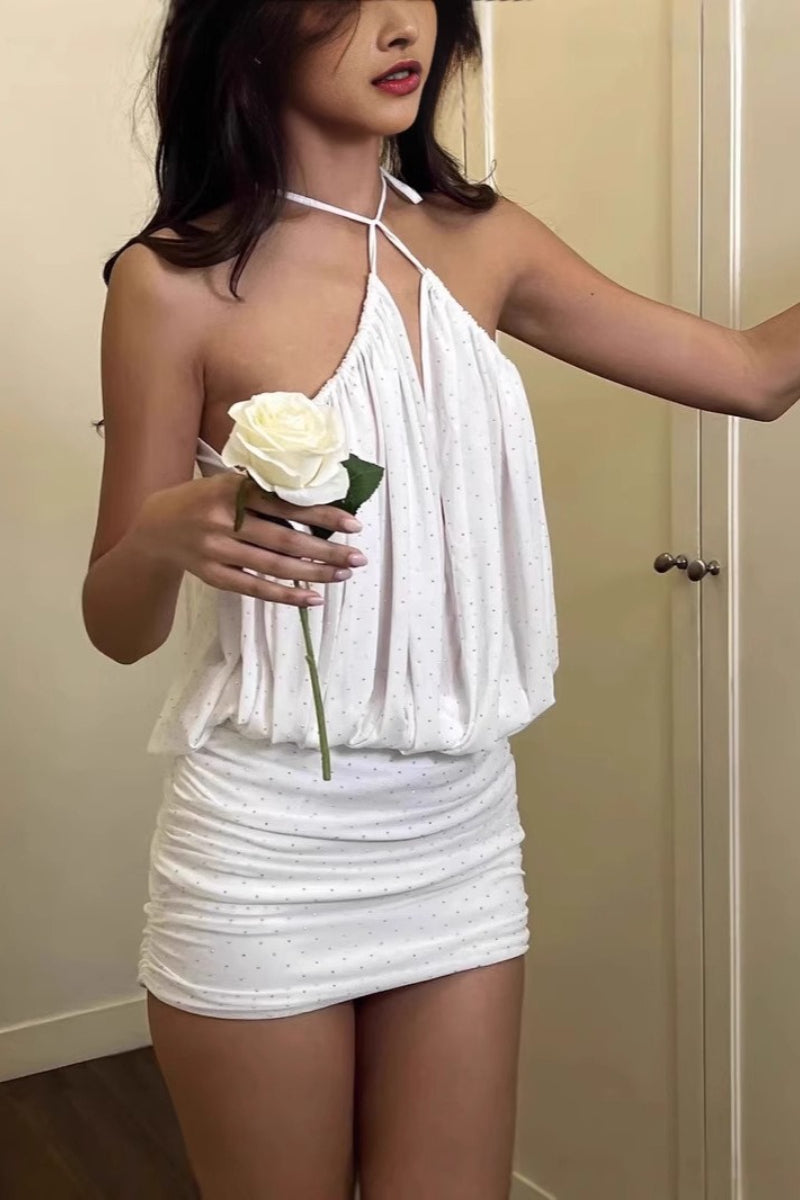 Rhinestone Halter Neck Blouson Ruched Mini Dress - View 2