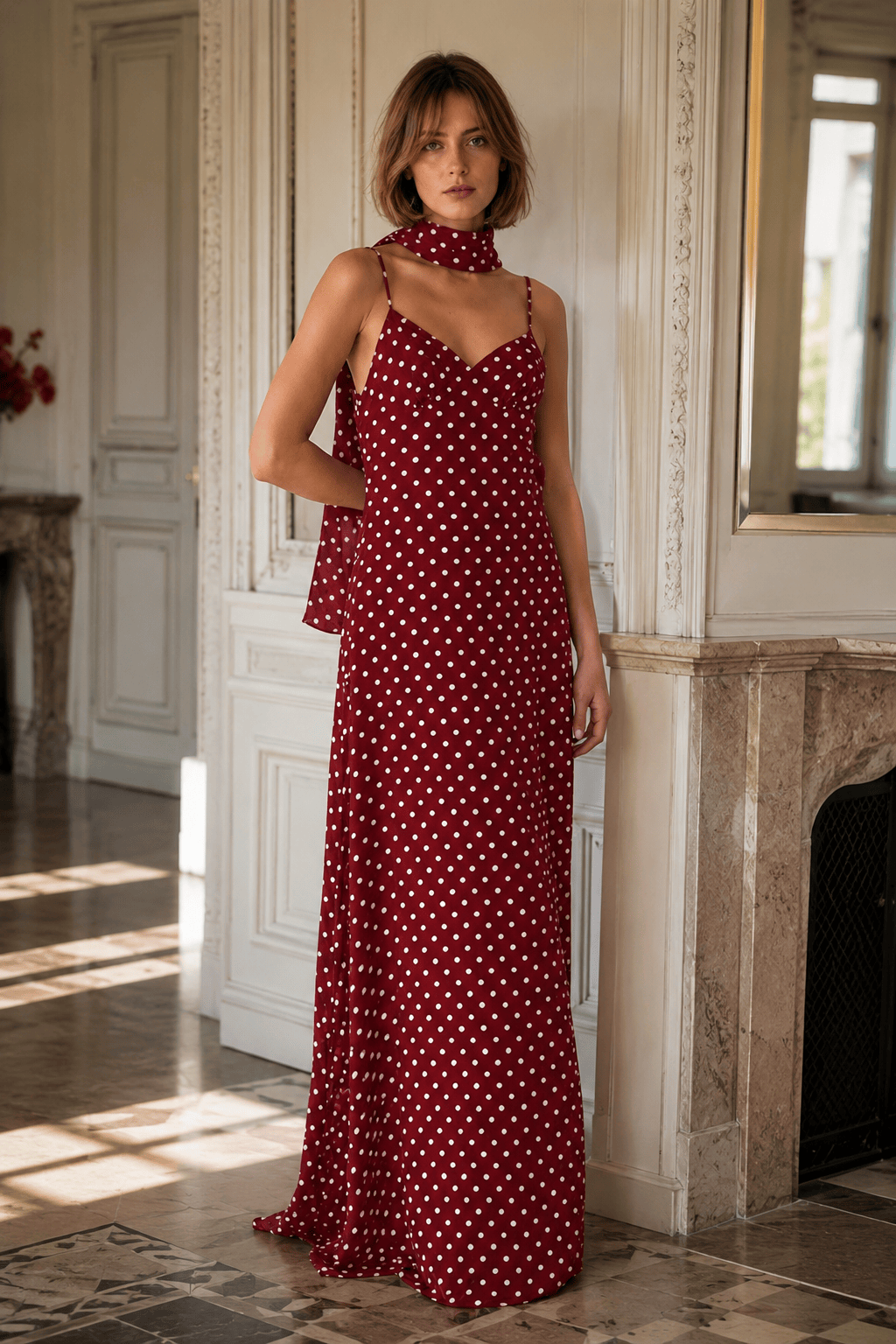 Polka Dot Spaghetti Strap V-Neck Scarf Bias Maxi Dress 5