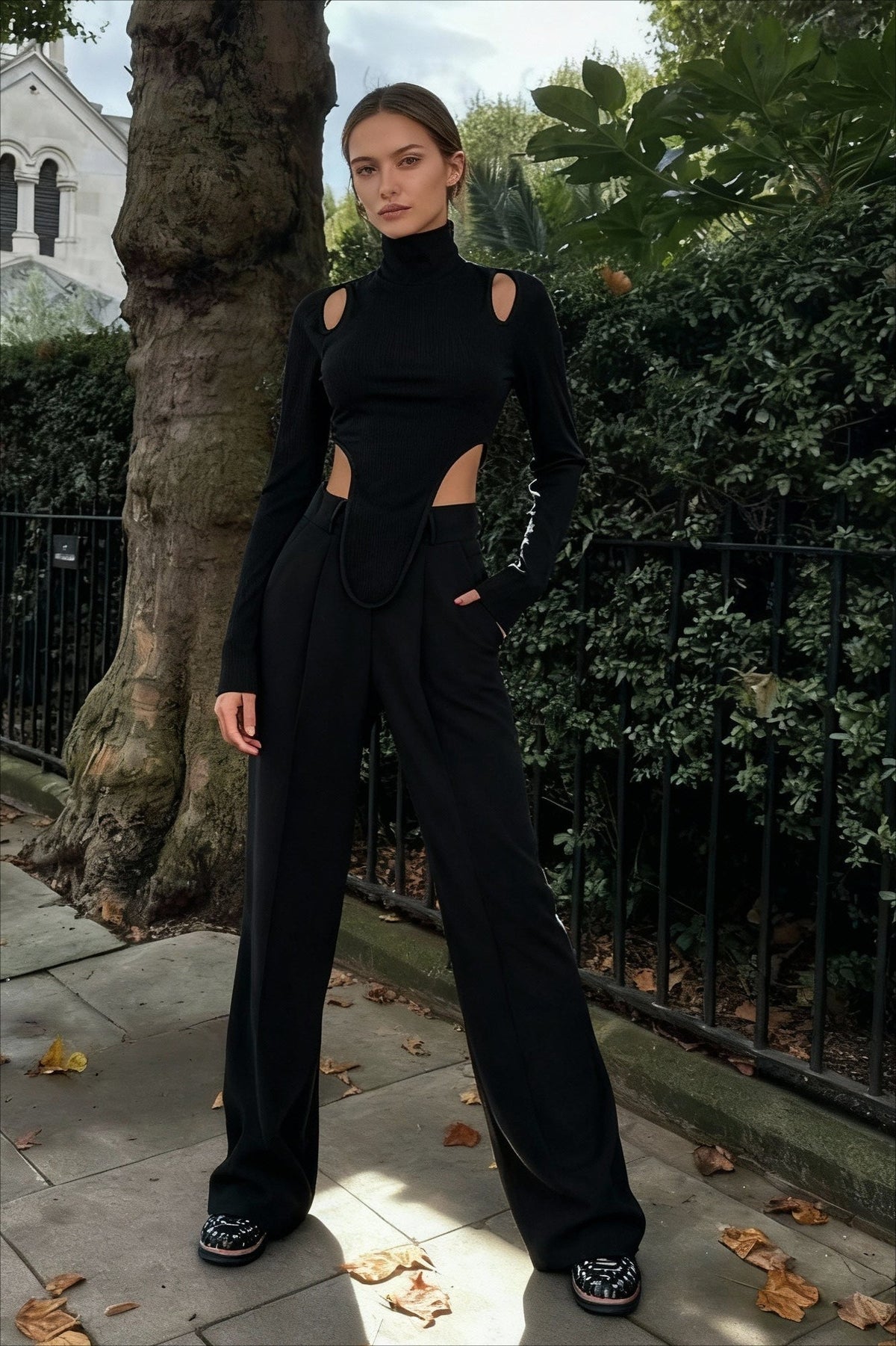 Cut Out High Neck Asymmetric Hem Top