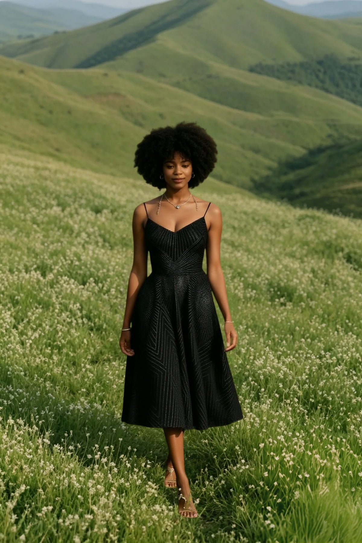 Glitter Spaghetti Strap V-Neck Fit and Flare Midi Dress - View 9