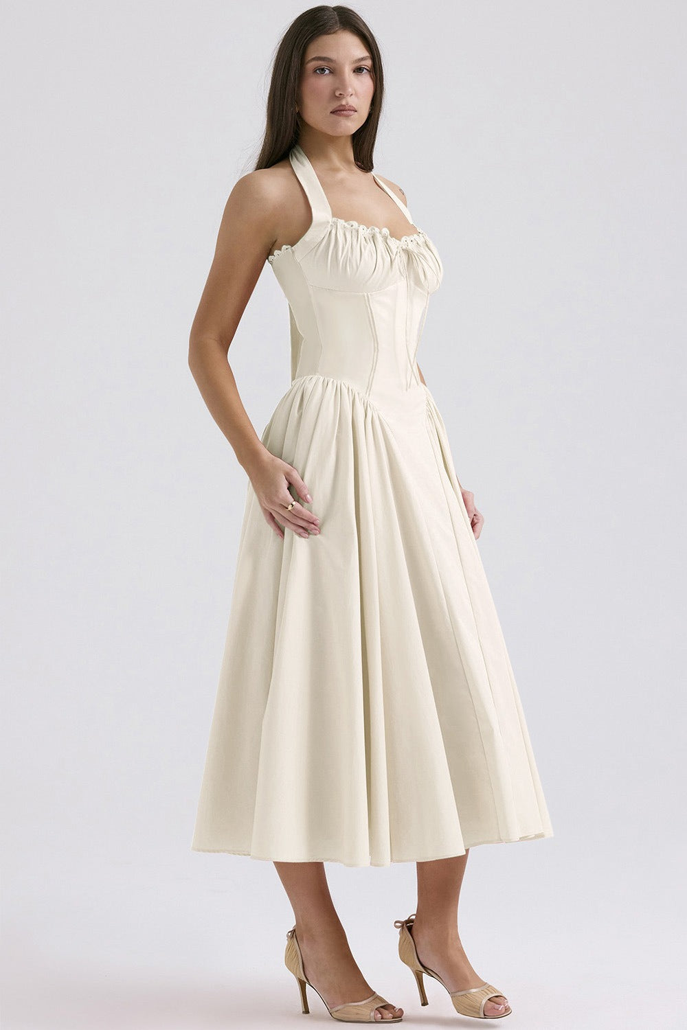 Halter Neck Ruched Corset Fit and Flare Midi Dress - View 9
