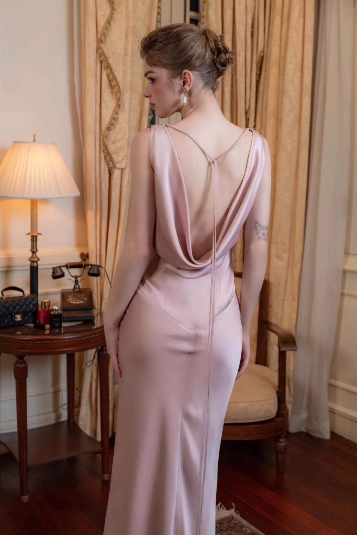Satin Cowl Neck Wide Strap Bias Cut Sheath Maxi Gown - View 6