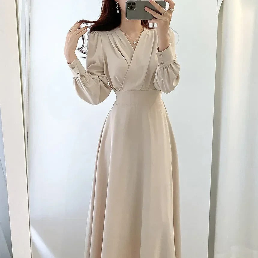 Surplice V-Neck Long Sleeve Button Cuff Waistband A-Line Midi Dress - View 3