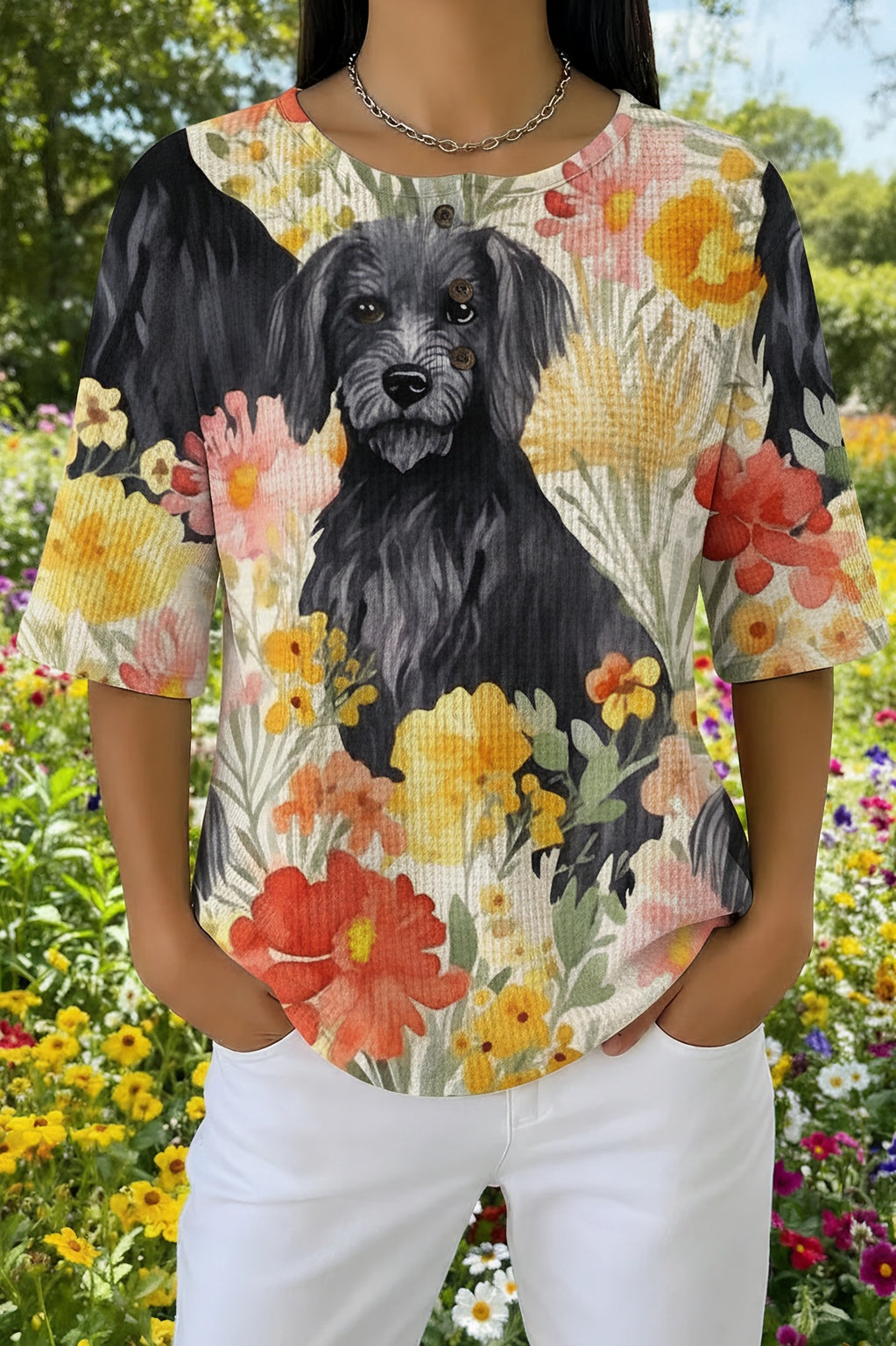 Floral Dog Print Waffle Knit Short Sleeve Top