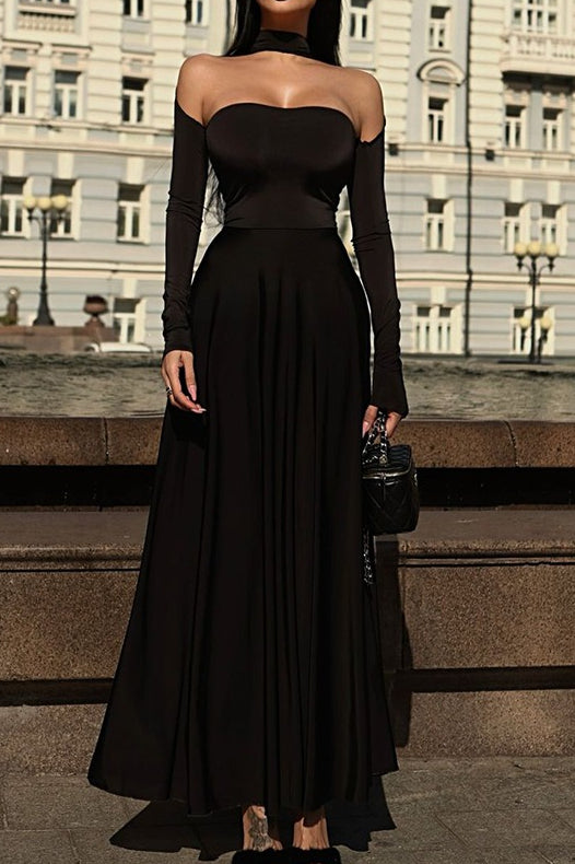 Halter Neck Off Shoulder Long Sleeve Fit and Flare Maxi Dress - View 5