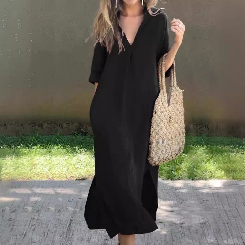 Collared V-Neck Short Sleeve Side Split Maxi Dress 4