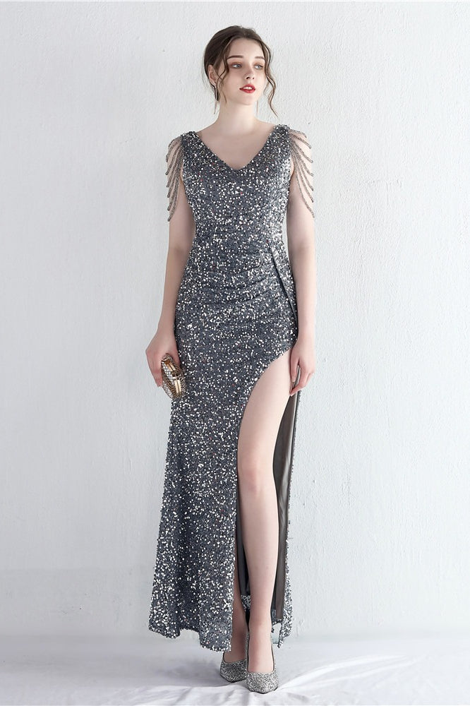 Sequin V-Neck Beaded Fringe High Split Mermaid Gown - View 22
