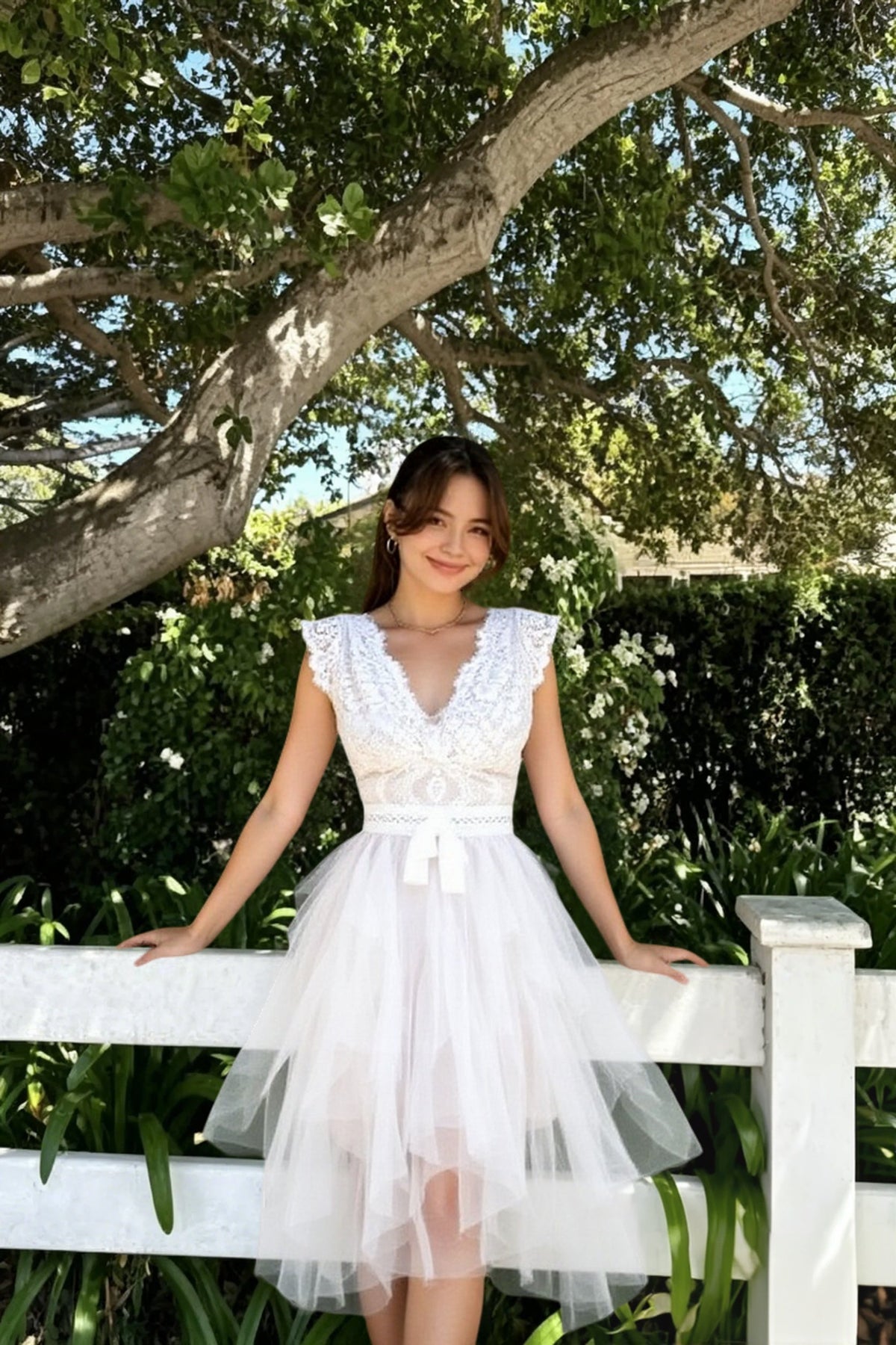 Lace V-Neck Bow Tulle Fit and Flare Mini Party Dress