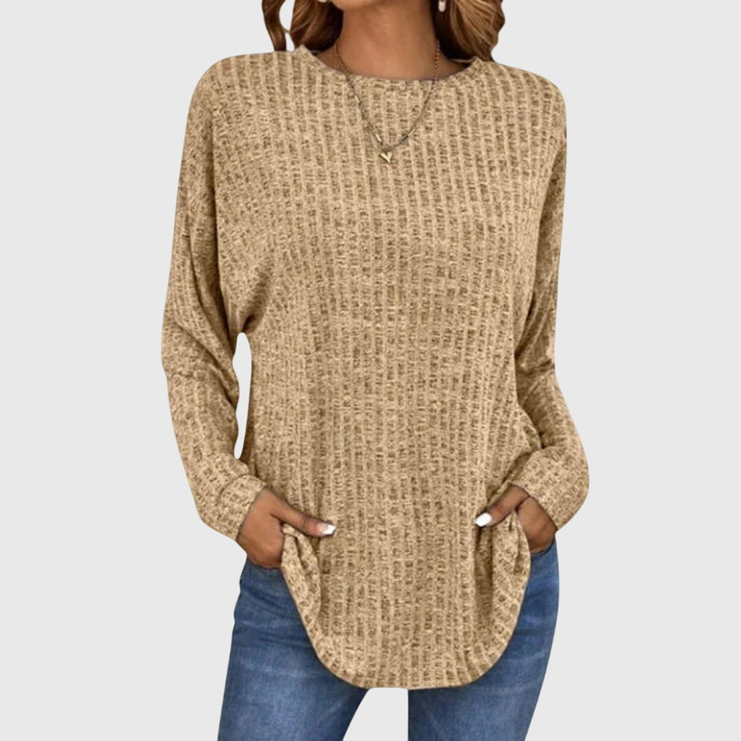 Crew Neck Long Sleeve Ribbed Knit Curved Hem Top 5
