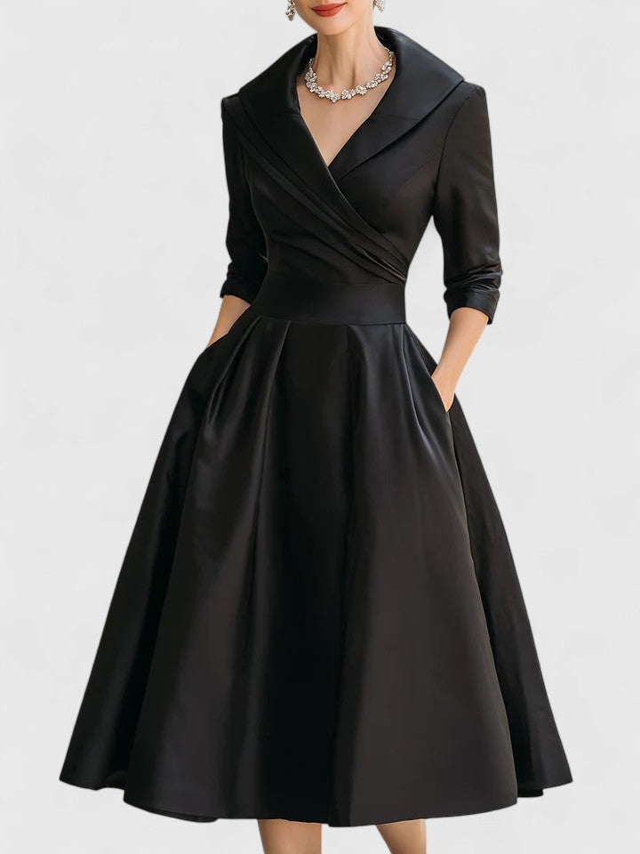 Shawl Collar Wrap Three Quarter Sleeve Fit and Flare Tea Length Dress 2