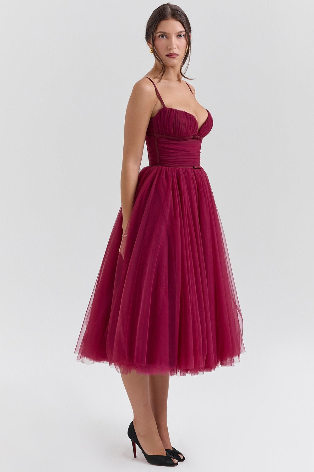 Tulle Sweetheart Spaghetti Strap Corset Fit and Flare Midi Dress - View 16